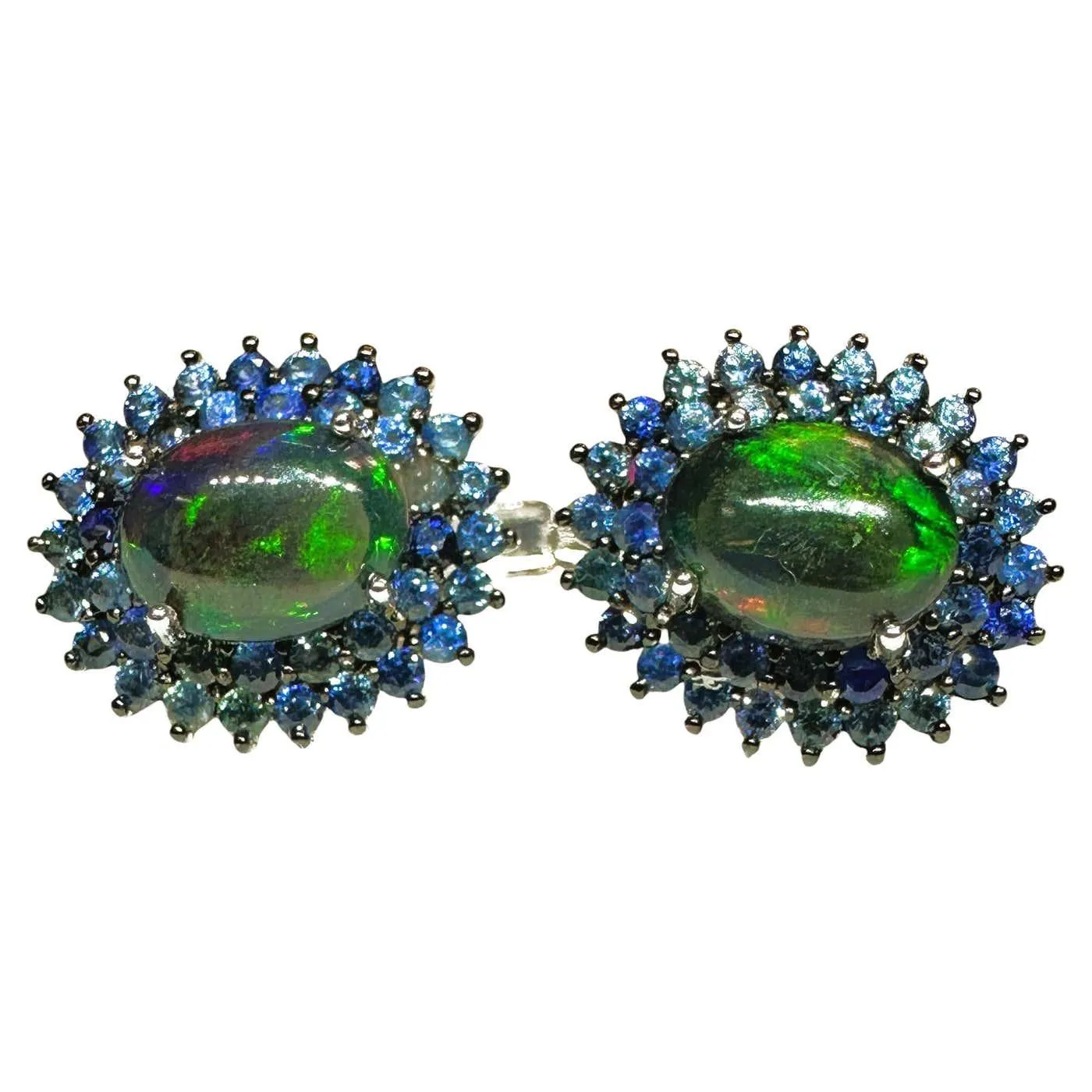 New Ethiopian 1.2 Carat Black Opal & Diamond cut Blue Sapphire Sterling Earrings