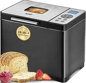 KBS 2LB Bread Maker, 19-in-1 Automatic Bread Machine Stainless Steel with Ceramic Pan,15H Timer&1H Keep Warm, Sourdough, Gluten-Free, 650W Bread Maker Machine with 3 Loaf Sizes 3 Crust Colors, Recipes