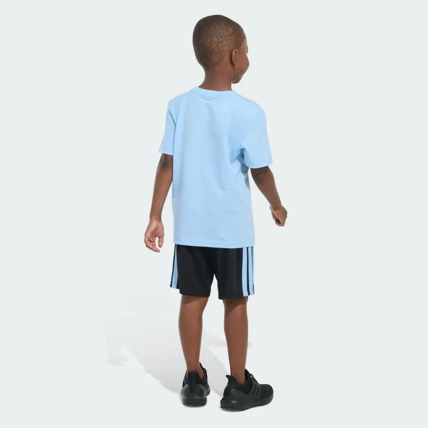 Two-Piece Short Sleeve Graphic Cotton Tee and 3-Stripes Shorts Set