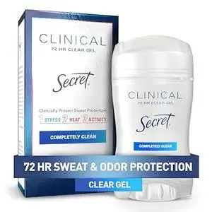 Secret Clinical Strength Antiperspirant Deodorant for Women, 3X Stress Protection, 72hr Sweat & Odor Protection, PH Balancing Minerals, Clear Gel, Completely Clean Scent, 1.6 oz