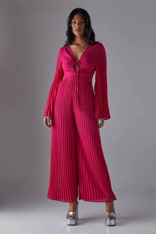 Chiffon Pleated Keyhole Flared Sleeve Jumpsuit