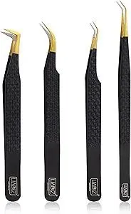 HADIZ Set of 4 Fiber Tip Diamond Grip Eyelash Extensions Tweezers Japanese Stainless Steel Lash Tweezer(Black)