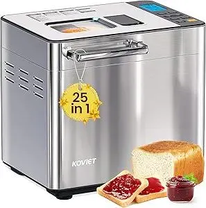 25-in-1 Bread Maker Machine with Automatic Dual Dispenser, 2LB Stainless Steel Breadmaker with Gluten-Free, Dough, Jam, Yogurt etc Settings, Silver