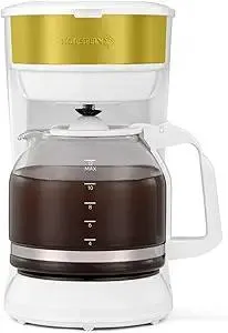 Holstein Housewares 12-Cup Drip Coffee Maker with Auto Keep Warm and Permanent Filter - Compact and User Friendly Design in White and Gold Color with Auto Pause and Serve Functions