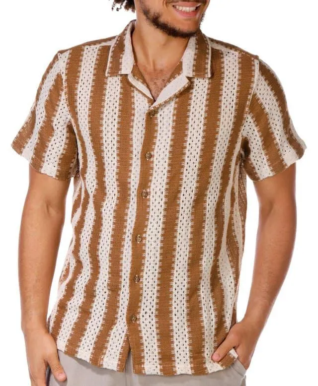 Distortion Men's Short Sleeve Striped Open Weave Shirt