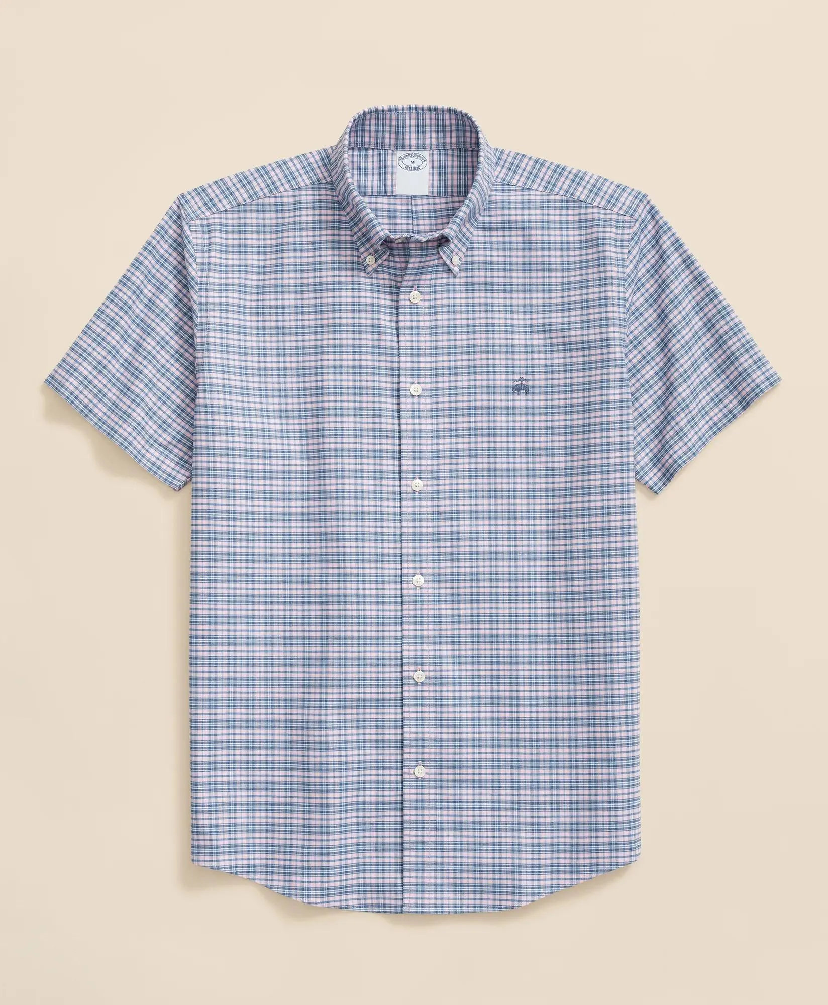 Stretch Cotton Non-Iron Oxford Polo Button-Down Collar, Plaid Short-Sleeve Shirt