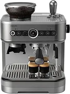 PHILIPS Barista Brew Semi Automatic Espresso Machine - Single & Double Espresso,Americano, 250g Bean Container+Grinder+Milk Jug with temperature indicator,Calibrated Tamping,Metal Silver (PSA3218/01)