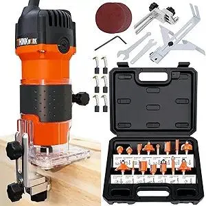 THINKWORK Compact Router, 6.5-Amp 1.25 HP Compact Wood Palm Router, Wood Trimmer with 15 pieces 1/4" Router Bits Set, 30000R/MIN