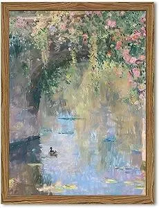 Framed Vintage Monet Canvas Wall Art, Floral Landscape Wall Decor Paintings, Country Nature Pictures Prints Aesthetic Home Decor for Living Room Bedroom Bathroom 12x16 inch