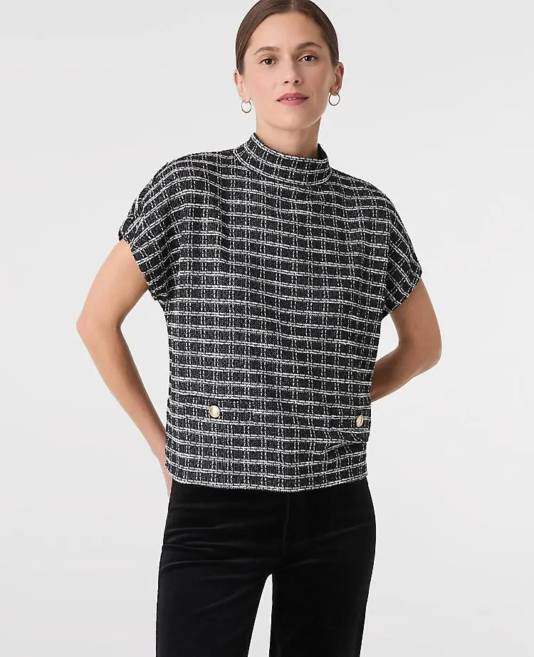 Plaid Tweed Mock Neck Top