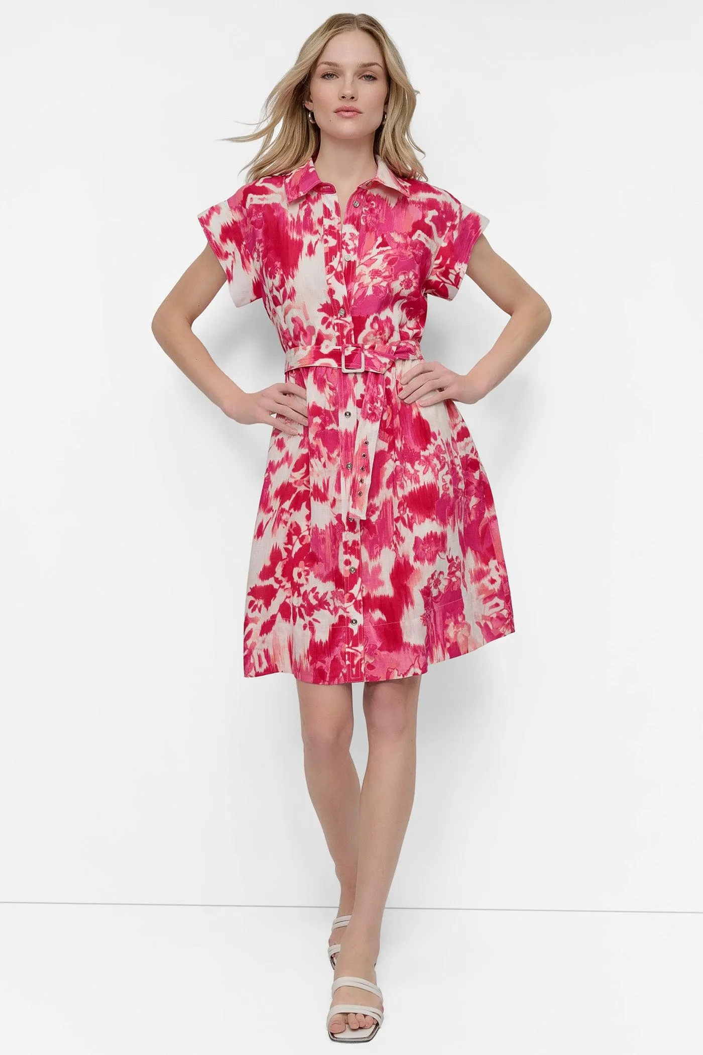 BELTED FLORAL SHIRT DRESS