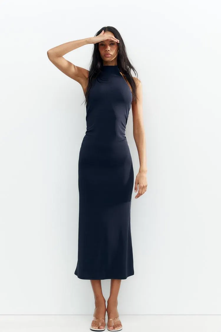 LONG HALTER RUCHED DRESS