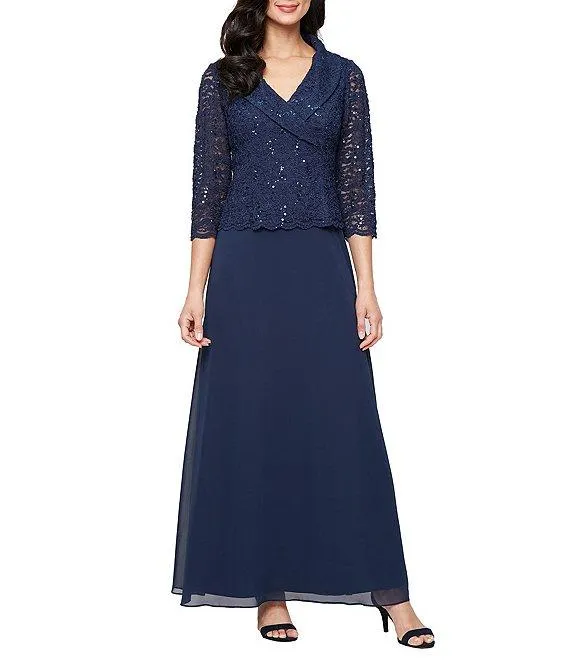 3/4 Sleeve Portrait Collar Chiffon Lace Gown
