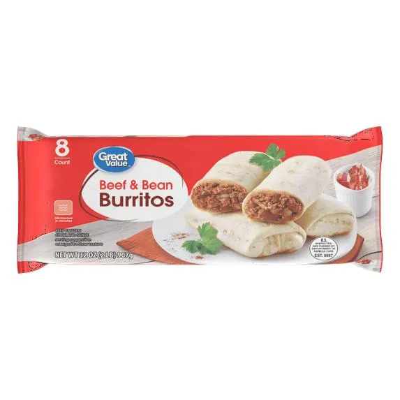Great Value Beef & Bean Burritos, 32 oz, 8 Count (Frozen)