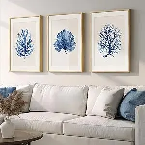 Framed Coastal Coral Wall Art for Living Room, Large Navy Blue Watercolor Coral Artwork for Walls, 3 Piece Minimalist Ocean Beach Marine Plants Pictures Prints for Bedroom Hallway Wall Decor, 16x24 In