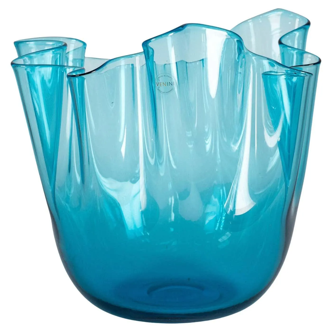 VENINI vase Fazzoletto Aquamarine Murano Glass, Signed 1997, handmade in Italy