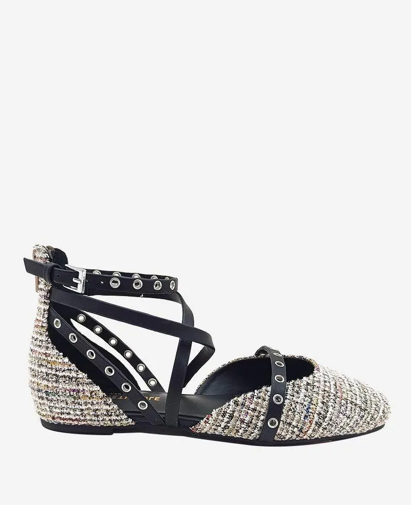 Mason Tweed Strappy Stud Flat - Black/Tan Fabric