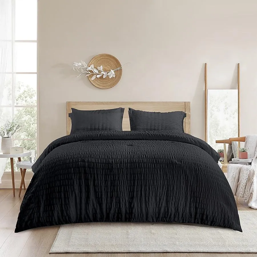 JEAREY Seersucker 7 -Piece Black Queen Comforter Set