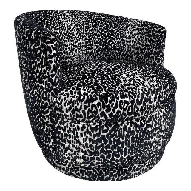 Vintage Swivel Round Barrel Chair Newly Upholstered in Animal Print