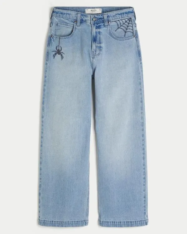 Light Wash Spider Embroidery Super Baggy Jeans