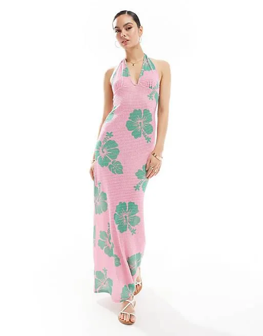 ASOS DESIGN halterneck crochet midaxi dress in pink hibiscus print