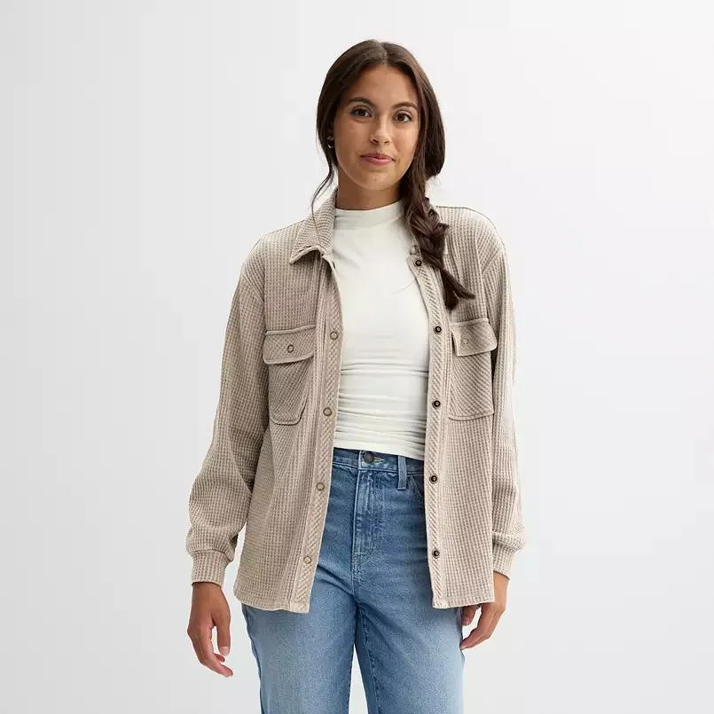 Juniors' Rewind Waffle Snap Front Knit Shacket