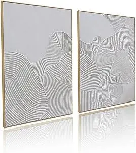 Framed Neutral Abstract Wall-Art Painting - Large Abstract Canvas Wall Decor 3D Curve Illustrations Hand painting for Living Room, Bedroom, Office - 2 Piece 28 x 40 Inch, Ready to Hang