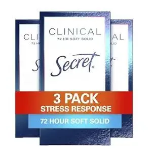 Secret Clinical Strength Antiperspirant Deodorant for Women, Stress Response, 3X Stress Protection, 72hr Sweat & Odor Protection, PH Balancing Minerals, Soft Solid, 1.6 oz (Pack of 3)