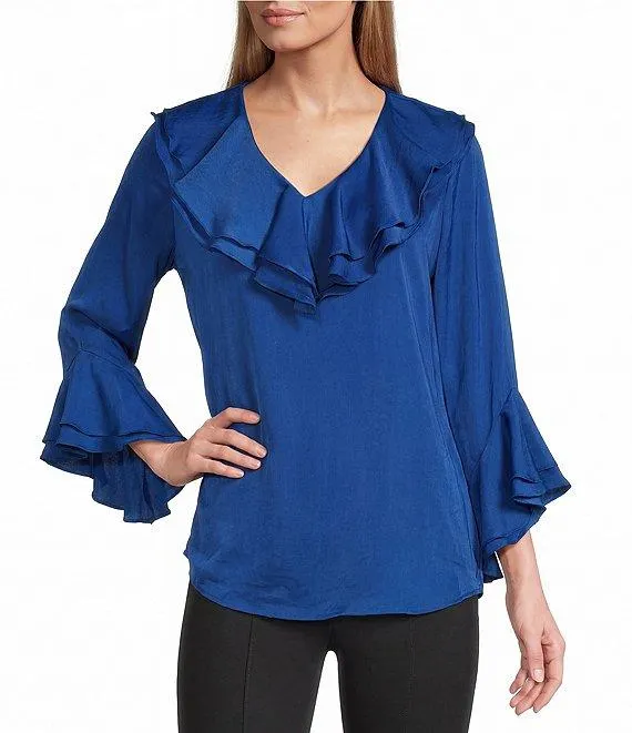 Slim Factor by Investments Corinne V-Neck 3/4 Ruffle Sleeve Blouse