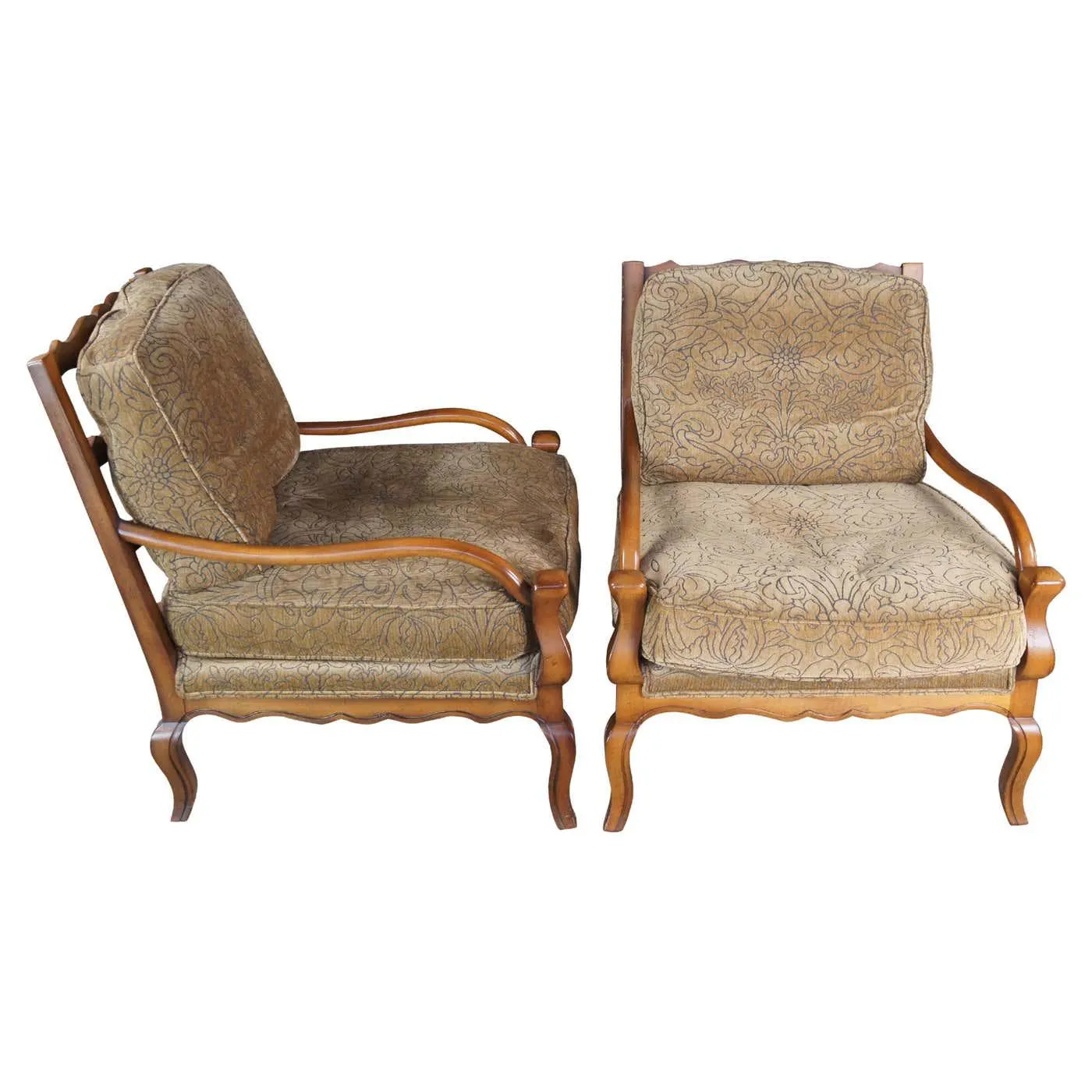 Pair Vintage Sherrill Oversized French Country Oak Ladder Back Lounge Arm Chairs