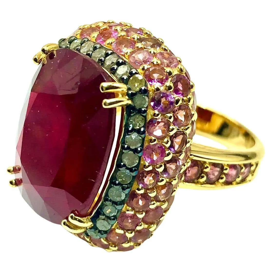 Bochic “Capri” Vintage Ruby, Emerald & Pink Sapphire Ring Set 18K Gold & Silver