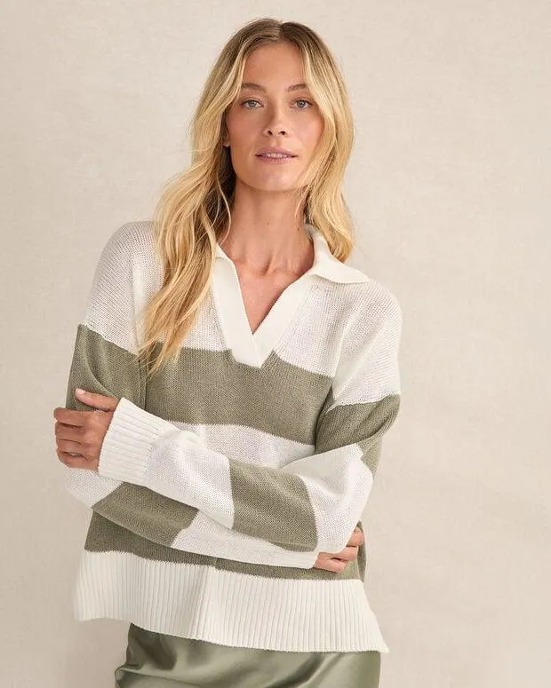 Organic Cotton Linen Stripe Johnny Collar Sweater