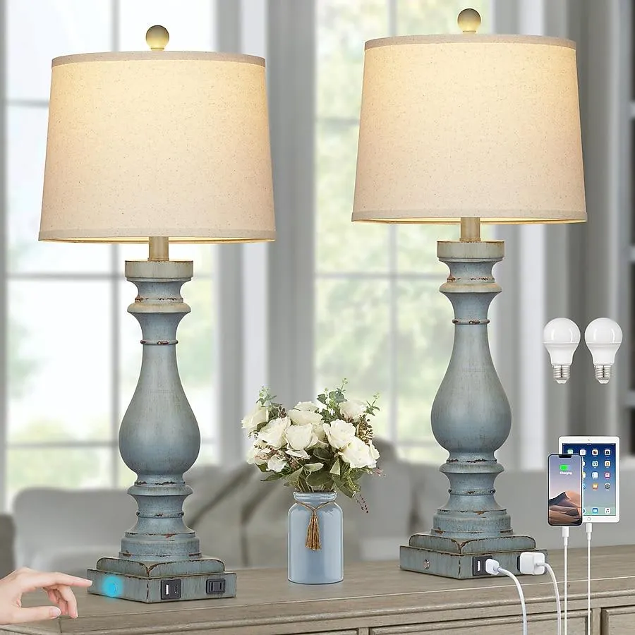 UrFurnishings Plath 29-in Distressed blue LED Touch Table Lamp with Linen Shade