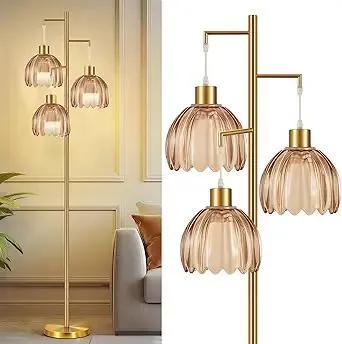 COTTHOS Floor Lamp for Living Room, Modern Standing Lamp Brass Glass Green Tree 3 Light Tall Floor Lamps for Bedroom & 800 Lumens LED Bulbs, Vintage Flower Lamp Shade Farmhouse Boho Bohemian Gold