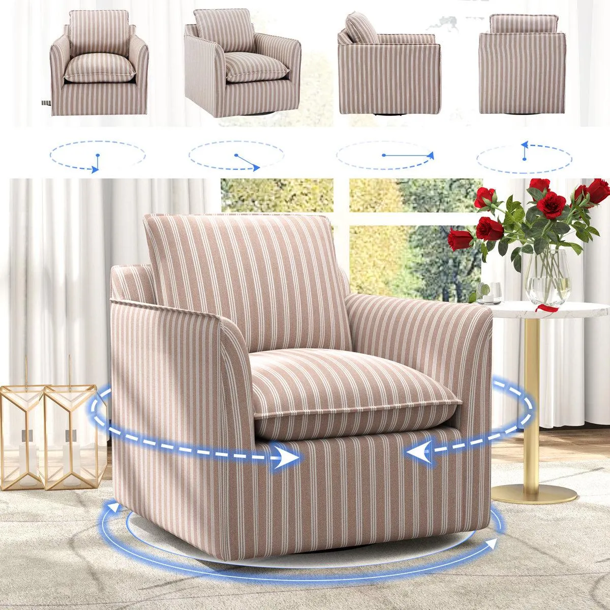 Kandyn 29.7" W Modern Soft Stripe Upholstered Swivel Barrel Chair with Removable Cushion