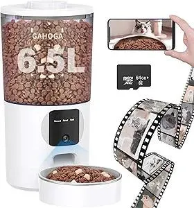 Automatic Cat Feeder with Camera and App, 6.5L 1080P HD Timed Pet Feeder, Automatic Dog Feeder with 2-Way Audio for Cats/Small Dogs, Cat Food Dispenser with Night Vision/Motion Alerts, WiFi 2.4G/5G