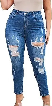 High Waist Skinny Jeans for Women Plus Size Distressed Ripped Jeans, Tapered Jeans with Stretchy High Rise Denim Pants