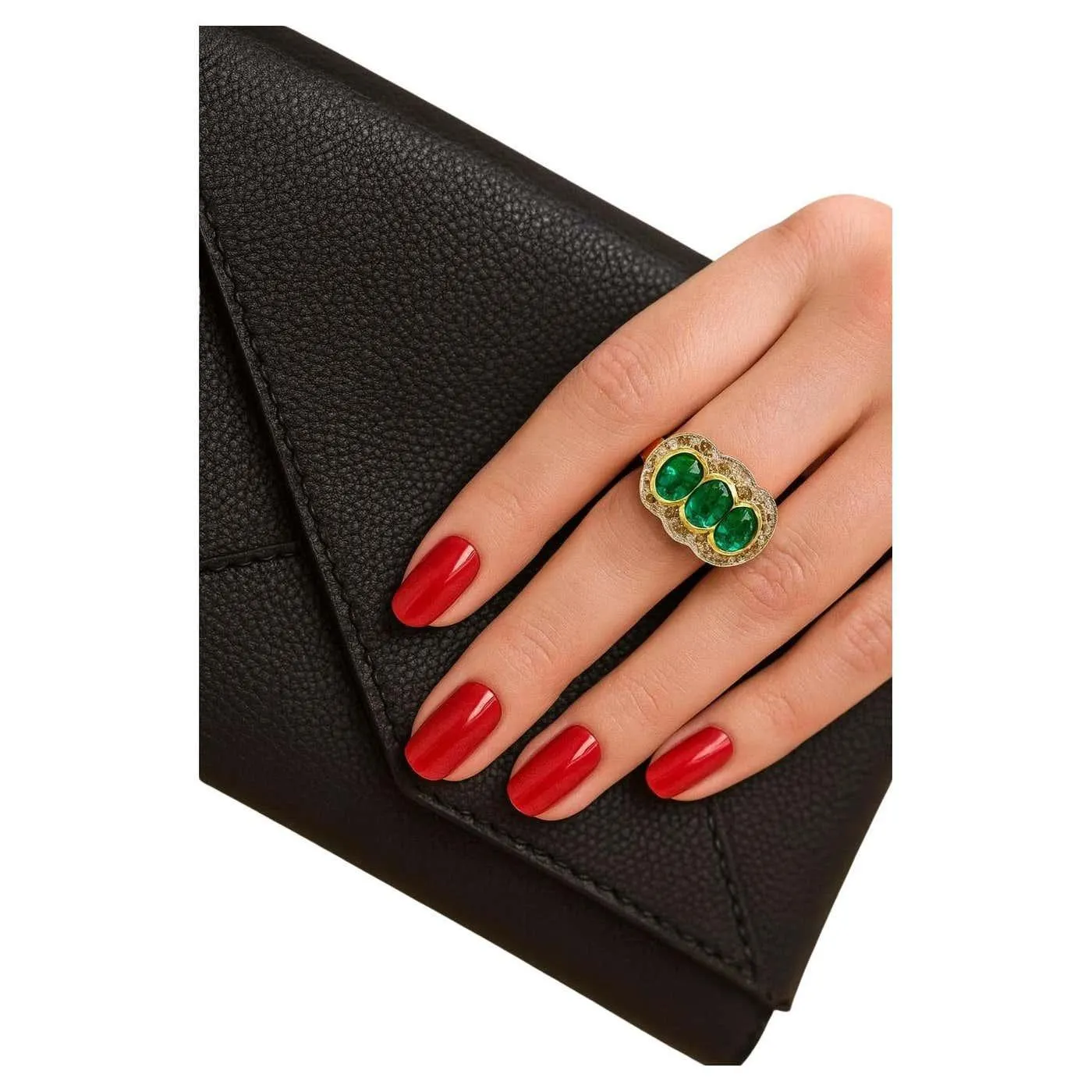 Bochic “Capri” Vintage Natural Diamond & Emerald Retro Ring Set In 18K Gold & S