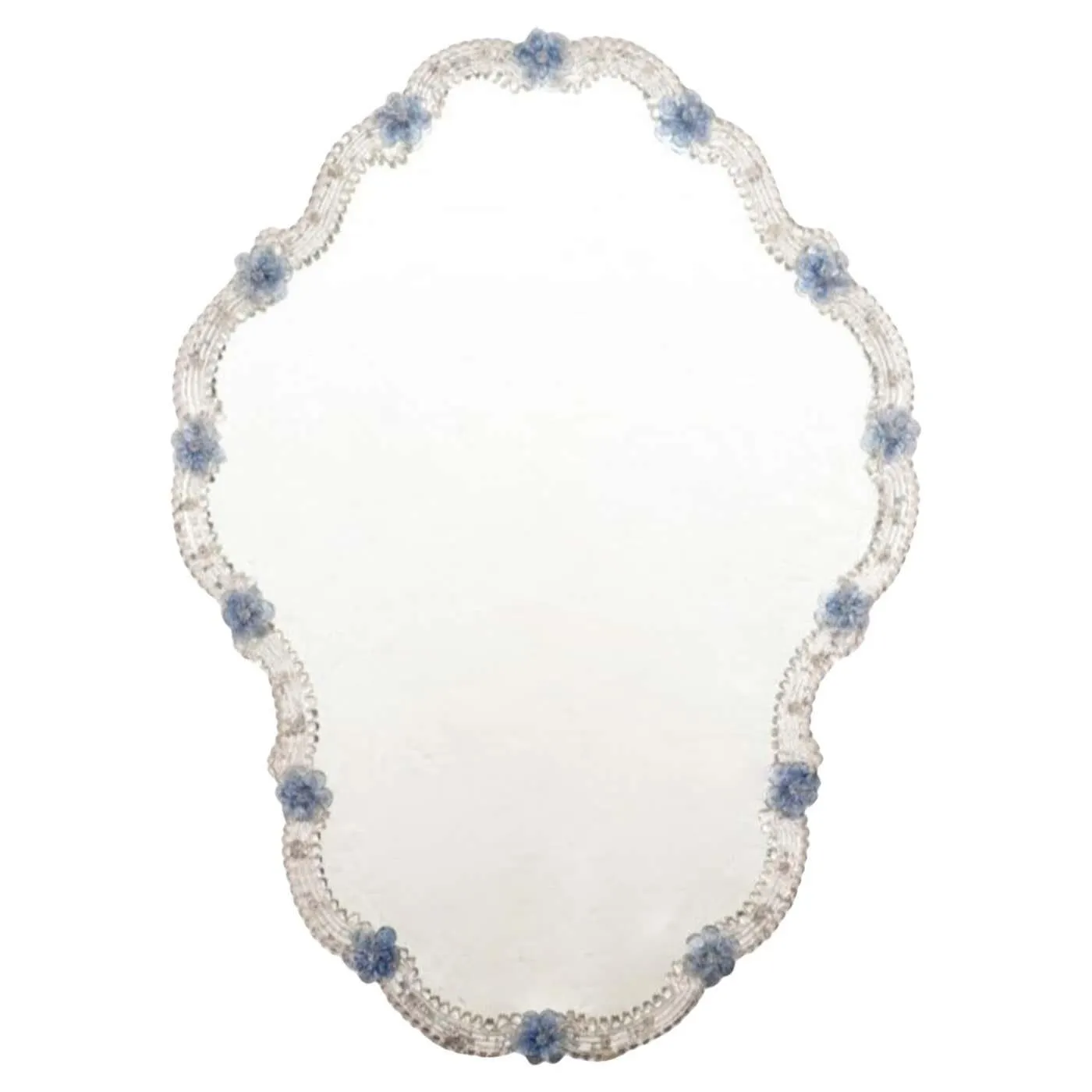 Stunning Wall Venetian Mirror in Murano Glass, Clear and Blue Flower details