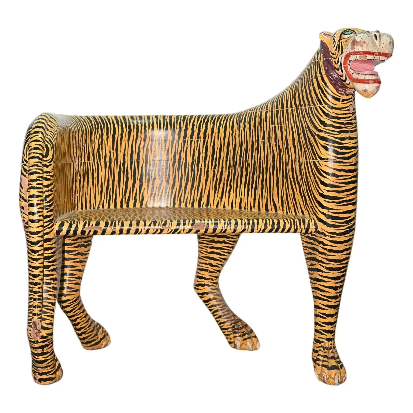 Vintage Wooden Tiger-Form Bench