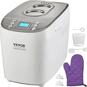 VEVOR Bread Maker, Dough Machine 15 Menus in 1, Non-Stick Ceramic Pan Automatic Breadmaker with Non-Gluten Setting, Whole Wheat Bread Making, Digital, Programmable, 3 Loaf Sizes, 3 Crust Colors, White
