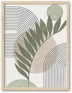 HesenDot 12x16in Boho Framed Wall Art - Sage Green Botanical Print with Geometric Lines,Minimalist Abstract Wall Decor for Living Room Bedroom Office,Modern Nature-Inspired Canvas Poster,Set of 1