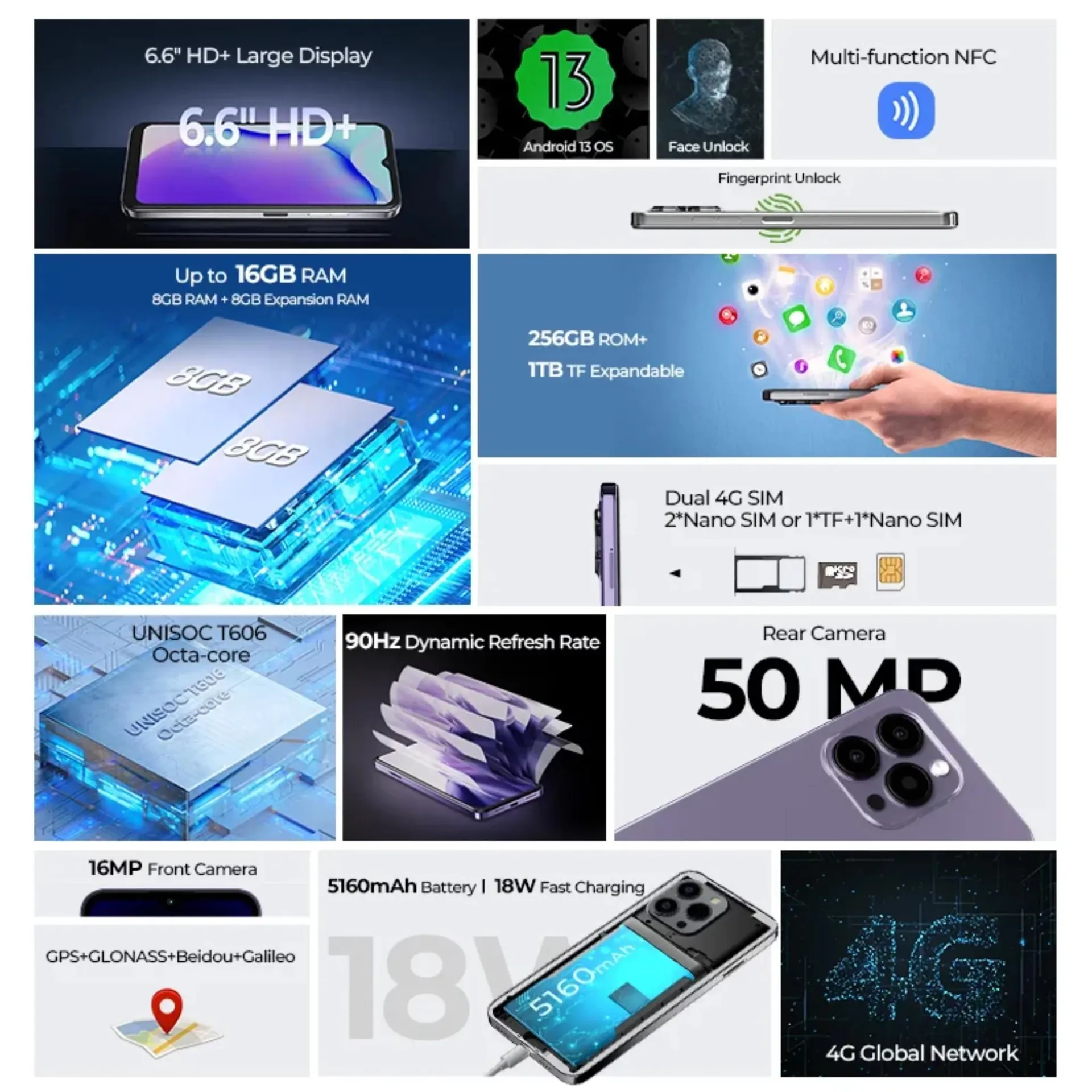 [Envío desde España] HOTWAV Note 13 Pro Smartphone 6.6” HD+ Android 13 16GB+256GB Octa-Core Teléfono móvil 50MP 5160mAh Teléfono móvil