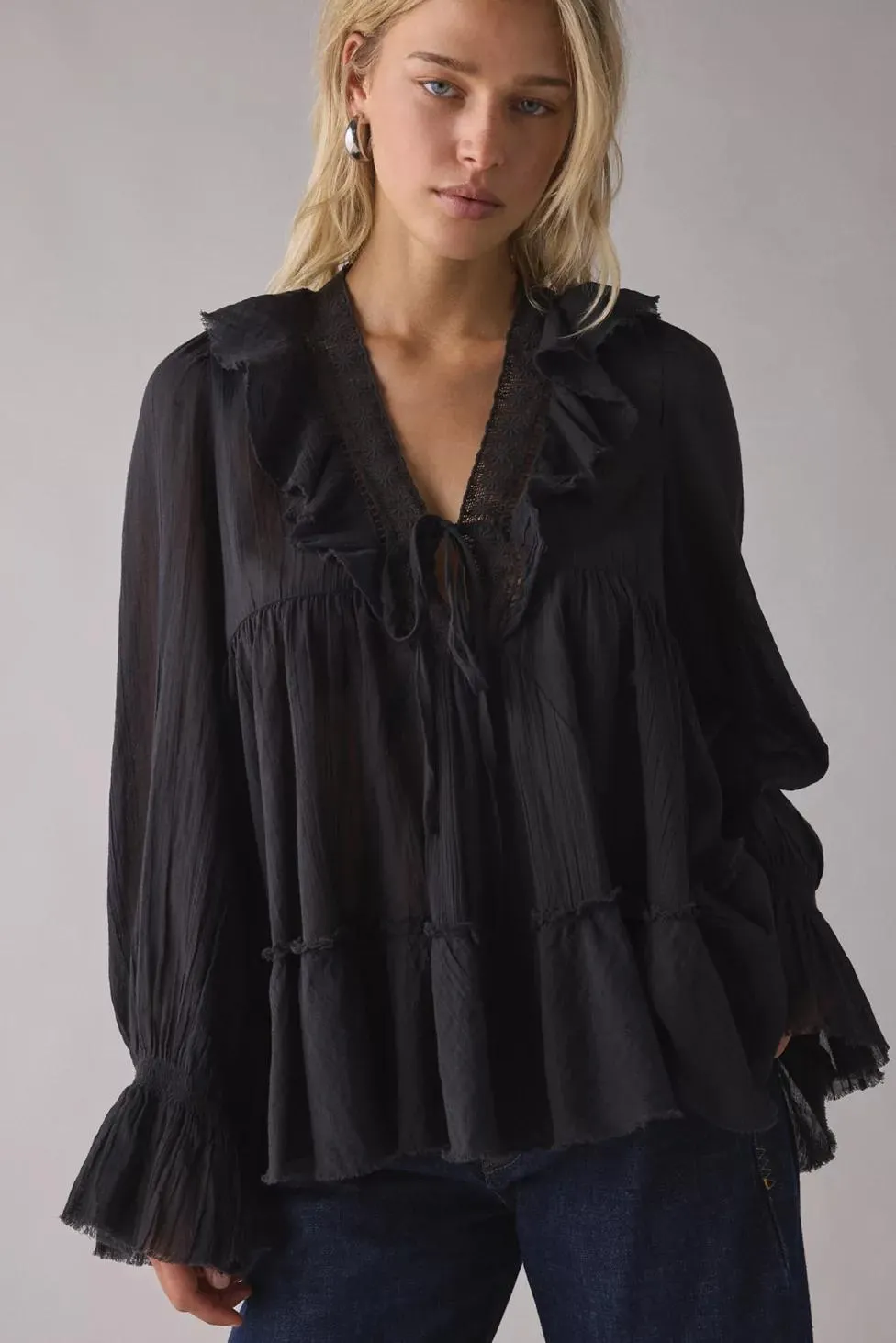 Kimchi Blue Mona Lace Trim Ruffle Babydoll Tunic Blouse