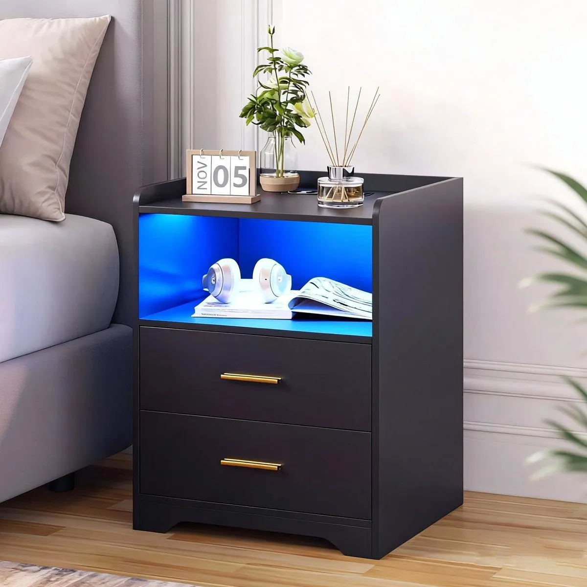 17.7"2-Drawers Modern Nightstand With 20-Color RGB Lighting and Motion Sensor