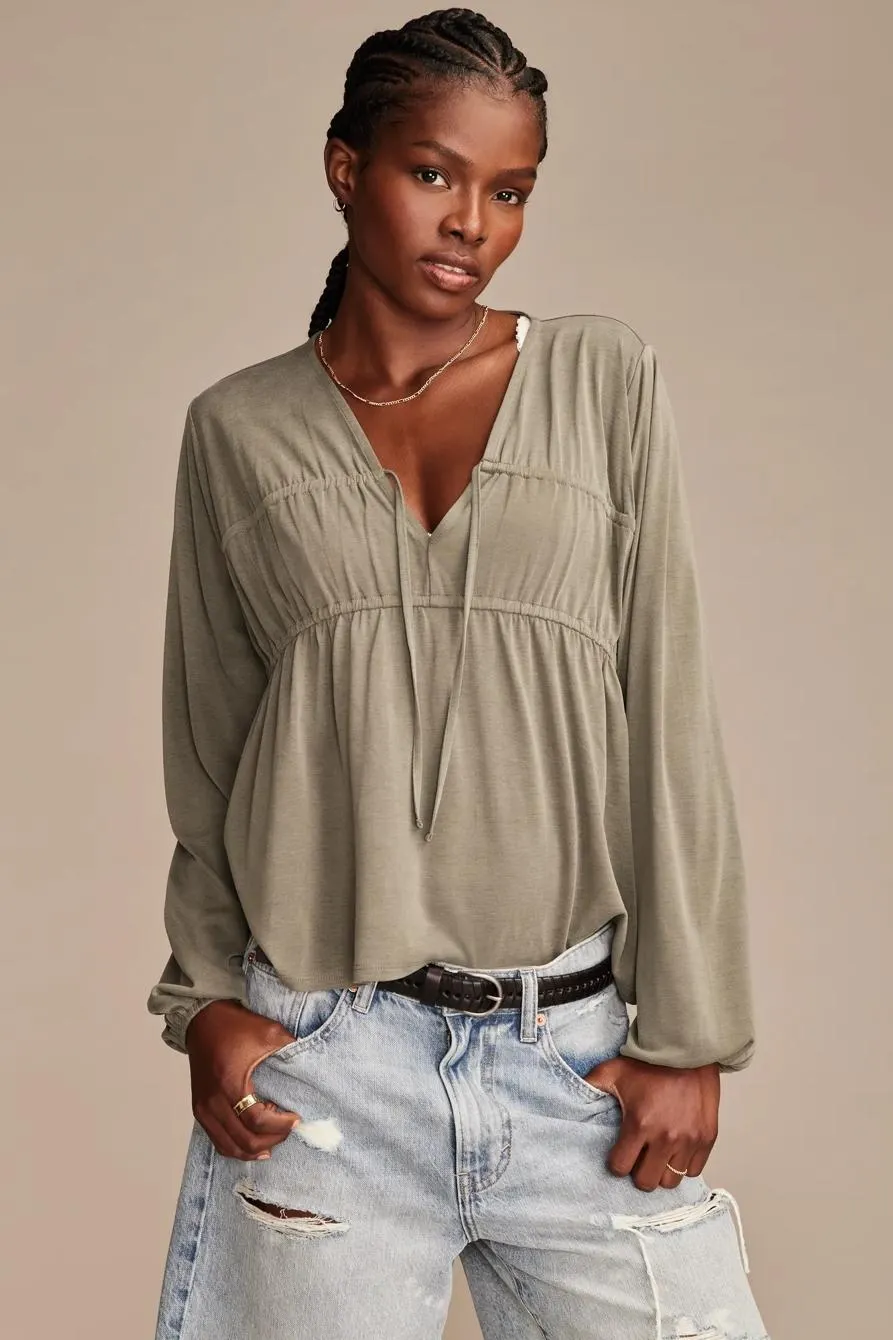 shirred tie front sandwash top