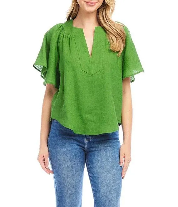 Linen Split V-Neck Short Flutter Sleeve Top