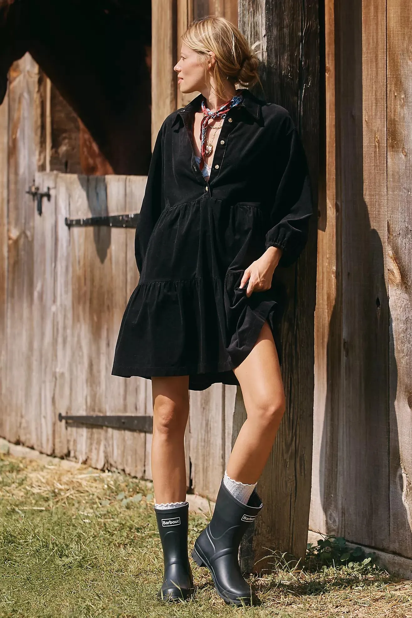 The Bettina Corduroy Tiered Mini Shirt Dress by Maeve
