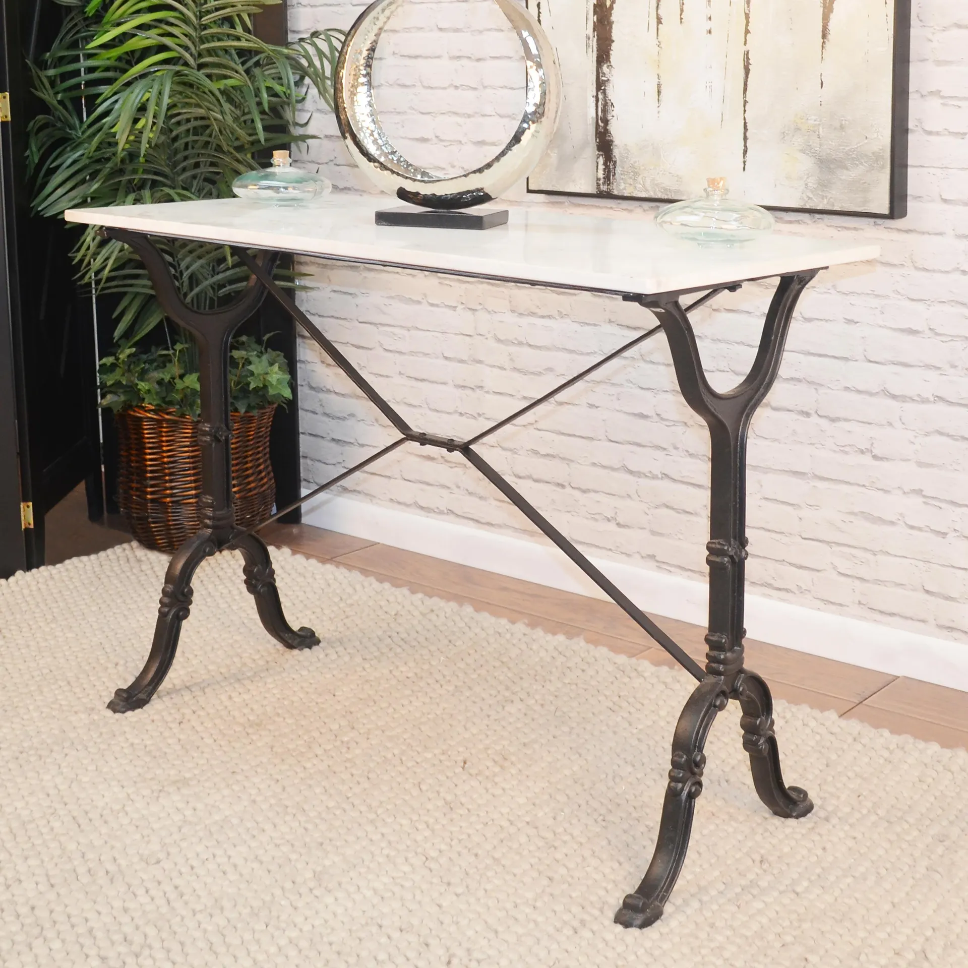 30"-High Marble-Top Cast Iron Console Table