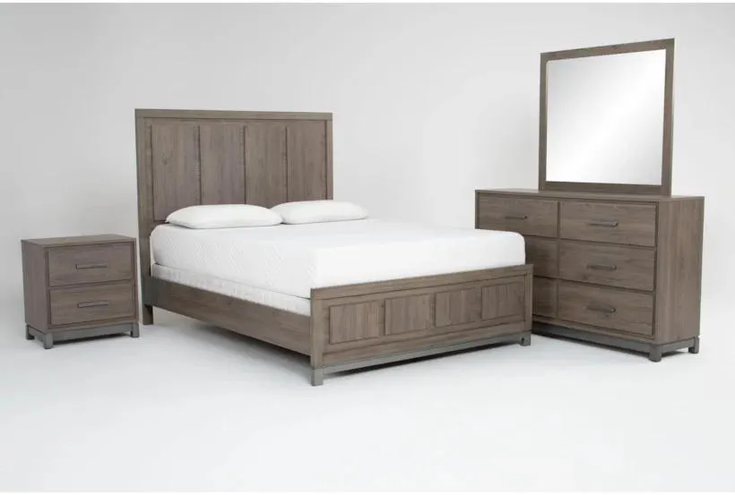 Hendricks Queen Grey Wood 4 Piece Bedroom Set With 6-Drawer Dresser Mirror & 2-Drawer Nightstand